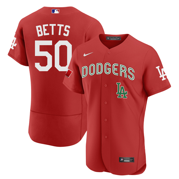 Men's Los Angeles Dodgers #50 Mookie Betts 2021 Mexican Heritage Red Flex Base Stitched Men's Los Angeles Dodgers #50 Mookie Betts 2021 Mexican Heritage Red Flex Base Stitched
